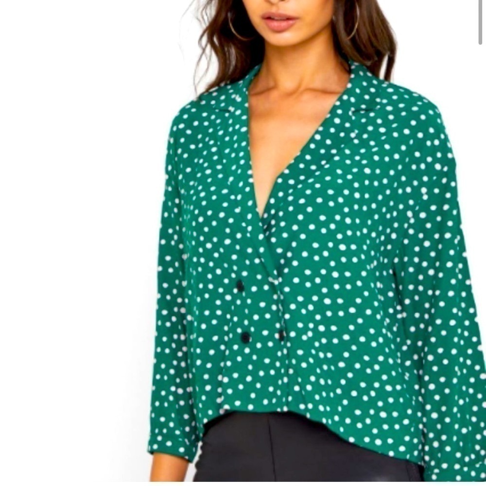 TopShop Kelly Green & Pink Polkadot Button Front Top - Picture 2 of 11
